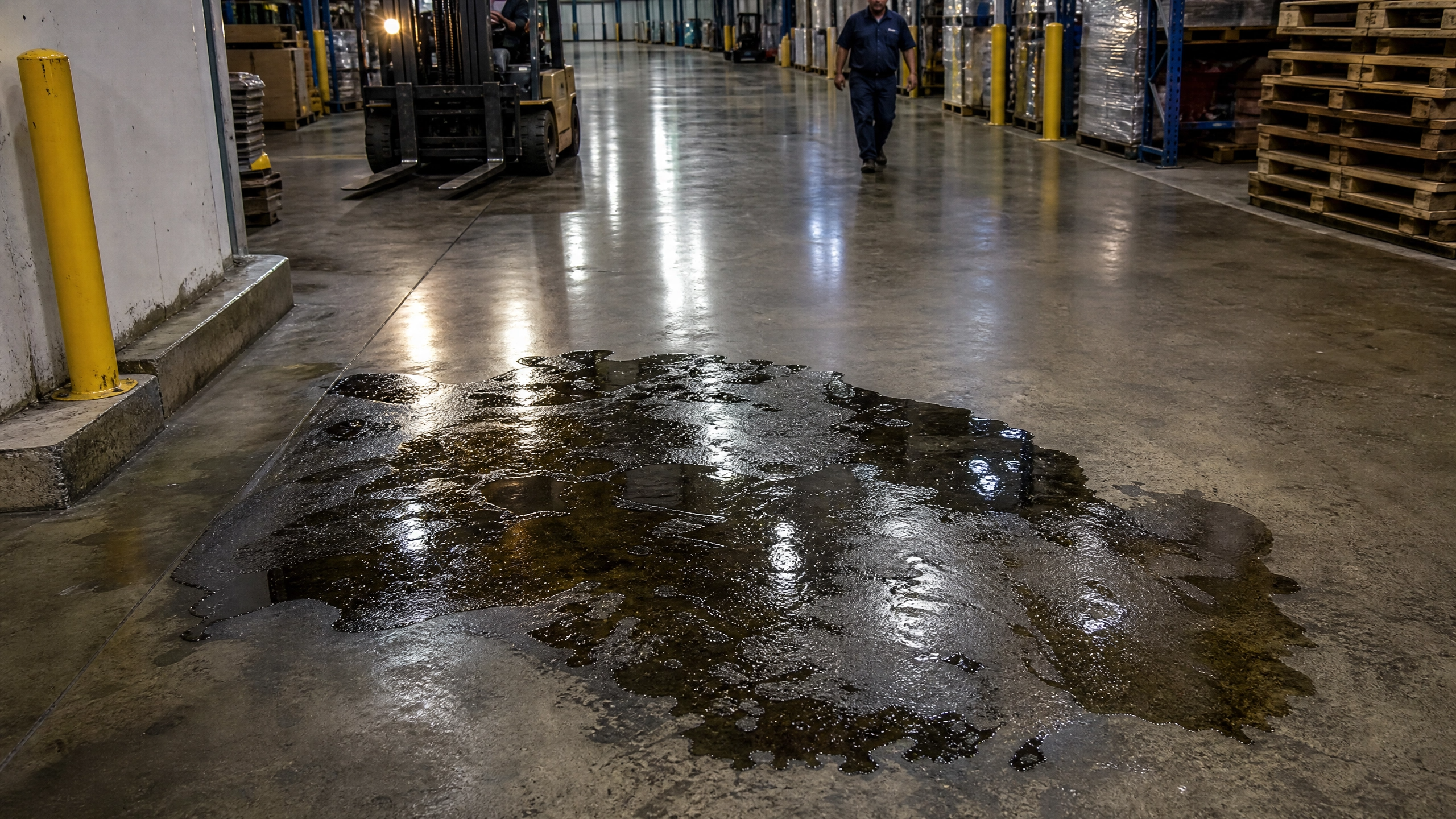 倉庫地面出現油漬與積水，形成滑倒及堆高機打滑風險