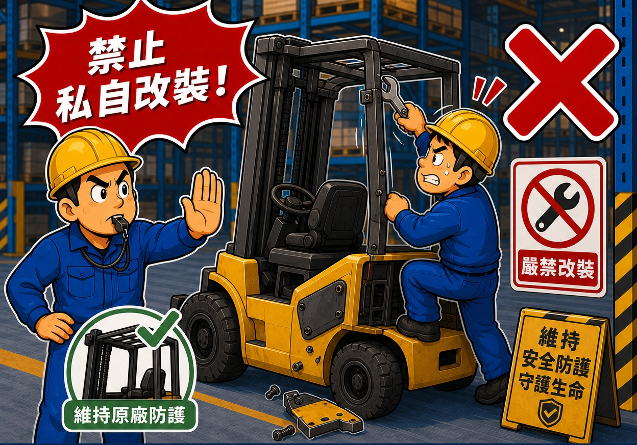 嚴禁擅自拆除堆高機擋物架與改裝原廠安全防護裝置