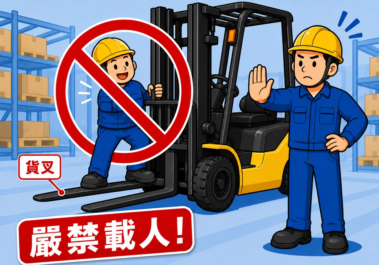 嚴禁利用堆高機貨叉或棧板搭載人員登高作業