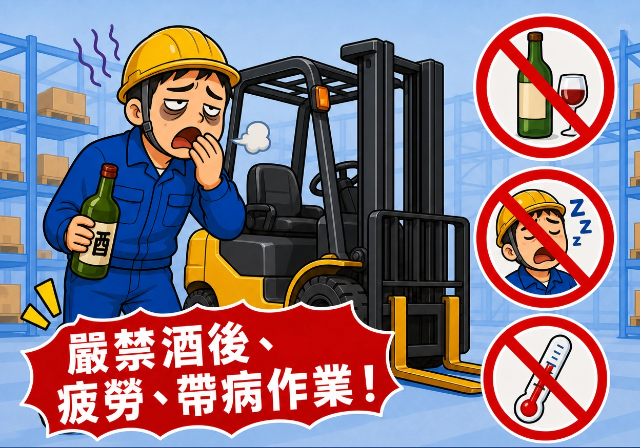 嚴禁服用藥物精神不濟或酒後駕駛堆高機