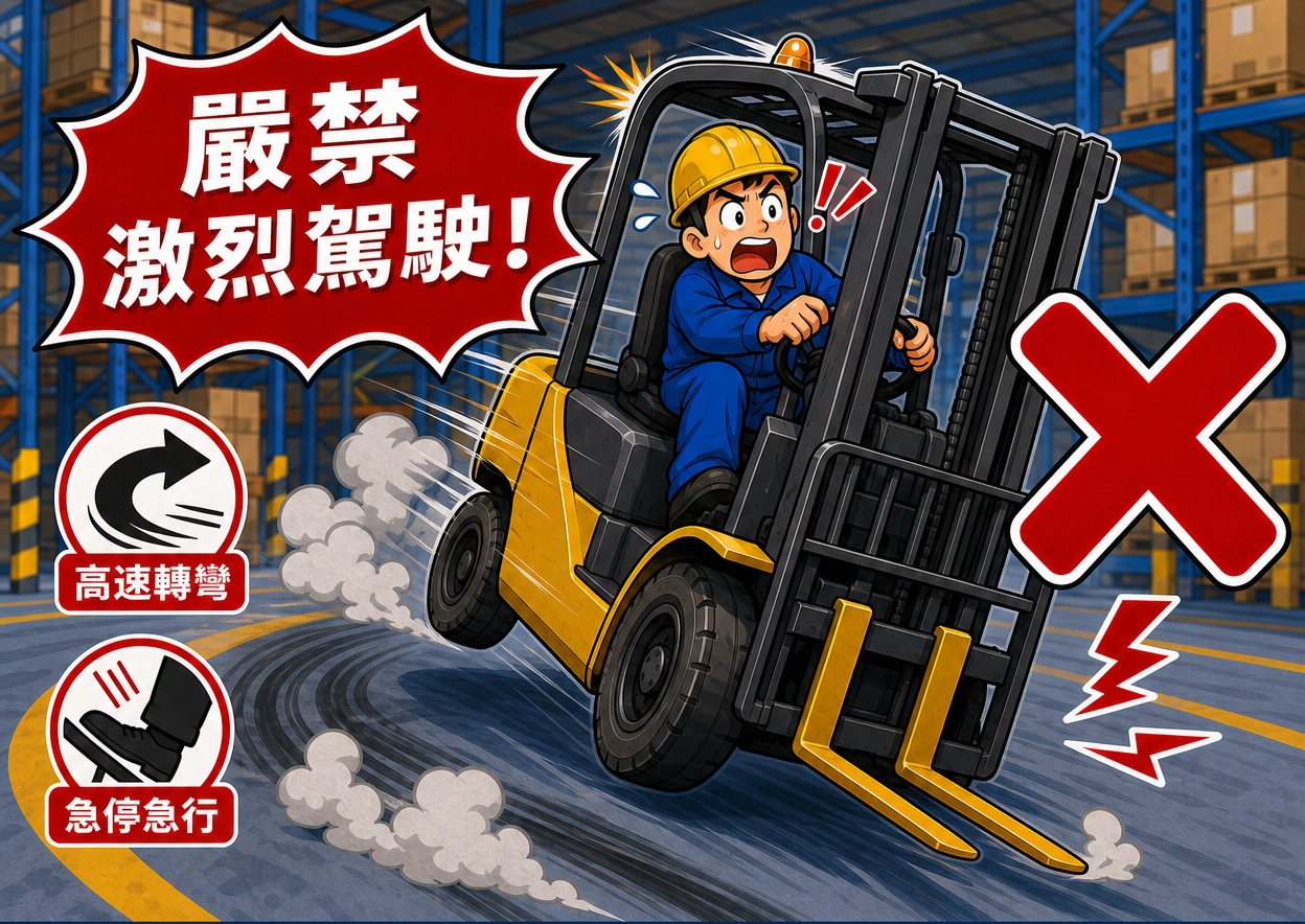 堆高機嚴禁超速行駛與空車高速轉彎避免翻車