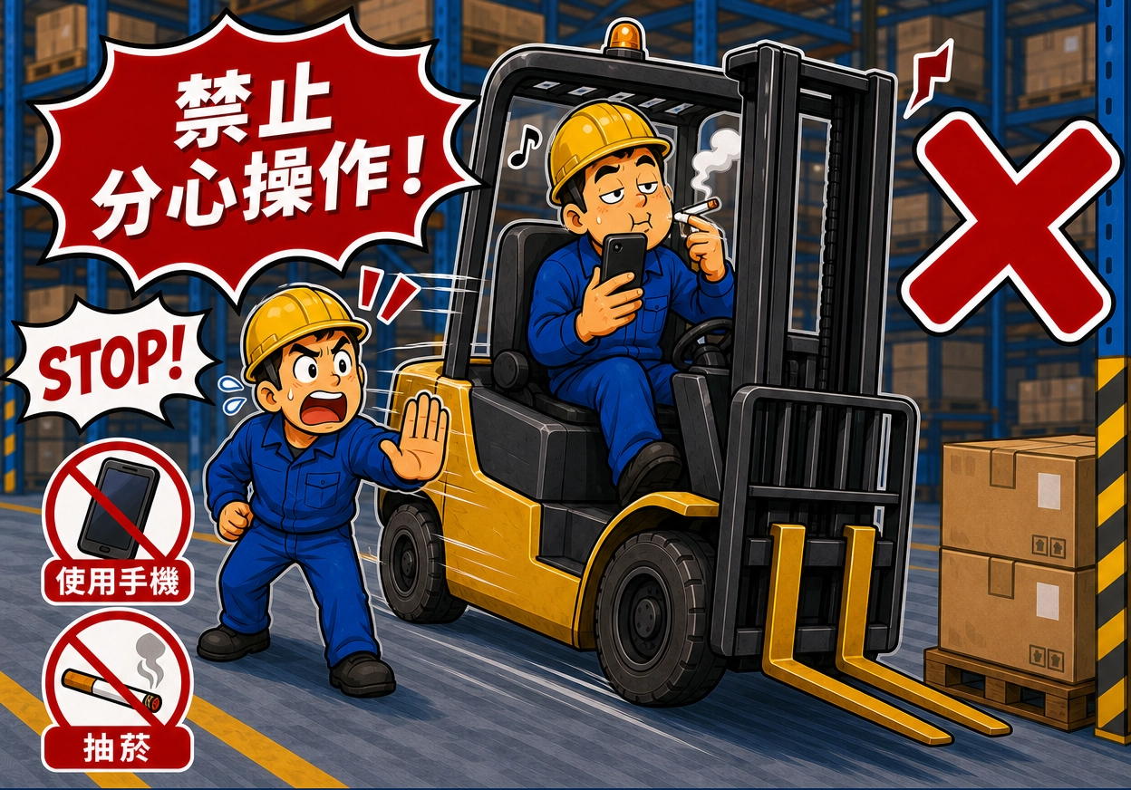 堆高機作業行駛中嚴禁看手機等分心行為